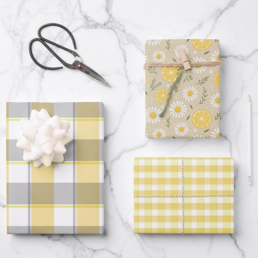 Tartan daisy lemon yellow beige set wrapping paper (Voorkant)