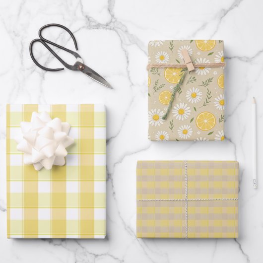 Tartan daisy lemon yellow beige set wrapping paper (Voorkant)