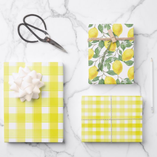 Tartan daisy lemon yellow green set wrapping paper (Voorkant)