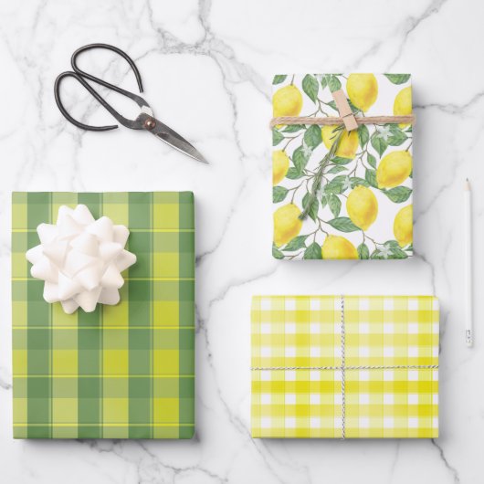 Tartan daisy lemon yellow green set wrapping paper (Voorkant)