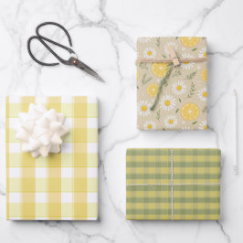 Tartan daisy lemon yellow green set wrapping paper