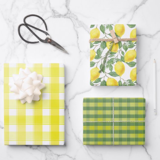 Tartan daisy lemon yellow green set wrapping paper (Voorkant)