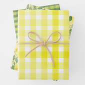 Tartan daisy lemon yellow green set wrapping paper (In situ)