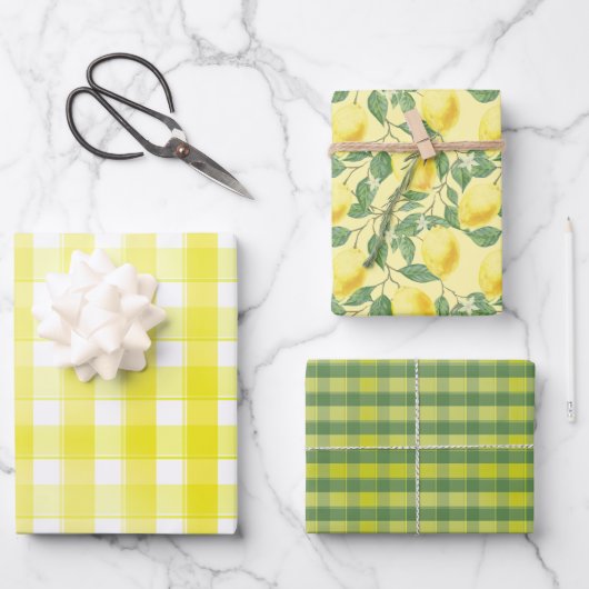 Tartan daisy lemon yellow green set wrapping paper (Voorkant)