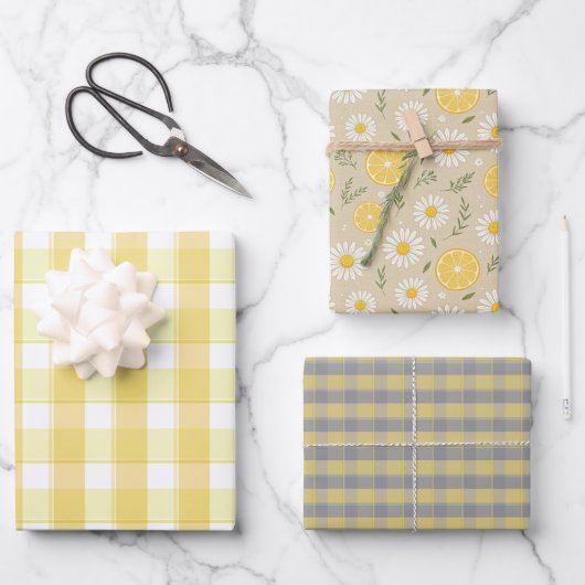 Tartan daisy lemon yellow grey set wrapping paper (Voorkant)