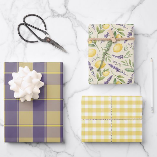 Tartan daisy lemon yellow lavender wrapping paper (Voorkant)