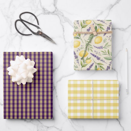 Tartan daisy lemon yellow purple wrapping paper (Voorkant)