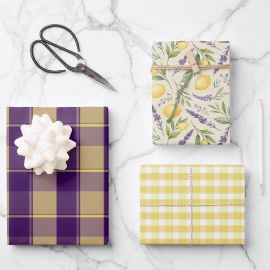 Tartan daisy lemon yellow purple wrapping paper (Voorkant)