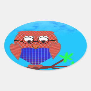 Tartan en harten Owl Ovale Sticker