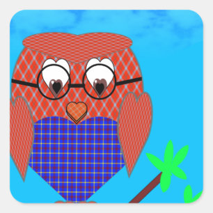 Tartan en harten Owl Vierkante Sticker