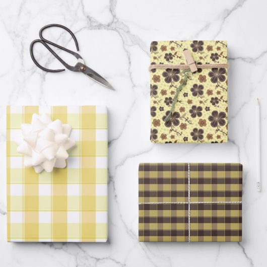 Tartan flower yellow brown set wrapping paper (Voorkant)