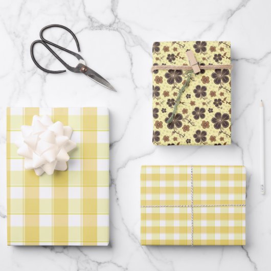 Tartan flower yellow brown set wrapping paper (Voorkant)