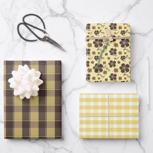 Tartan flower yellow brown set wrapping paper (Voorkant)