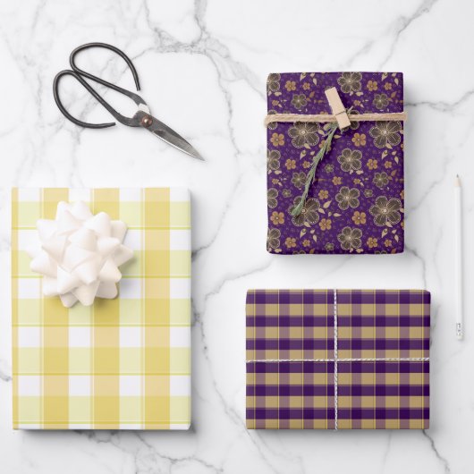 Tartan flower yellow purple set wrapping paper (Voorkant)