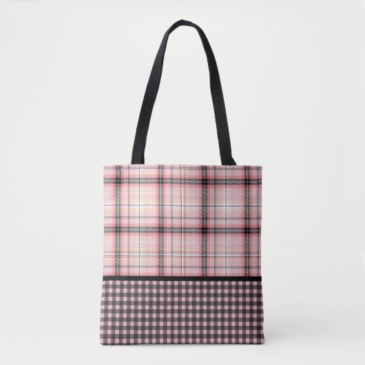 Tartan Geplakt in roze, perzikkleurig, zwart-wit Tote Bag (Voorkant)