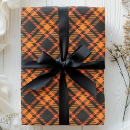Tartan geruit zwart en oranje Halloween patroon Cadeaupapier