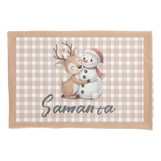 Tartan geruite rendier sneeuwman beige witte naam kussensloop (Voorkant)