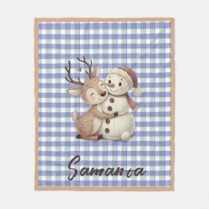 Tartan geruite rendier sneeuwman blauwe beige naam fleece deken