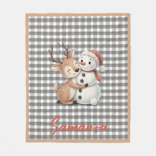 Tartan geruite rendier sneeuwman grijs wit naam fleece deken