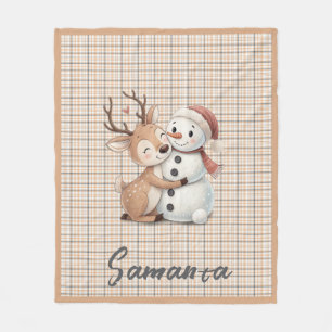 Tartan geruite rendier sneeuwman oranje beige naam fleece deken