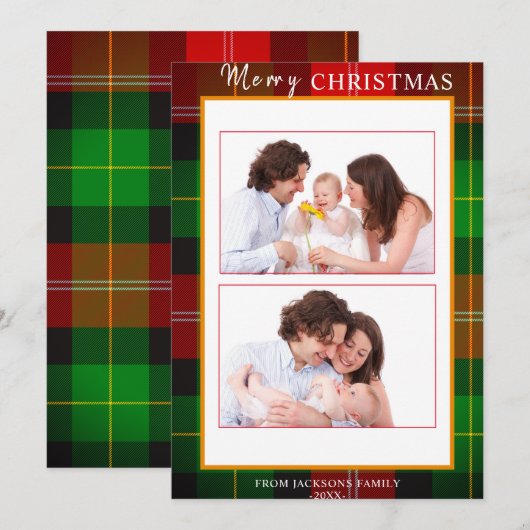 Tartan Gold Lijst Vrolijk Kerstfeest 2 Foto Feestdagenkaart (Voorkant / Achterkant)