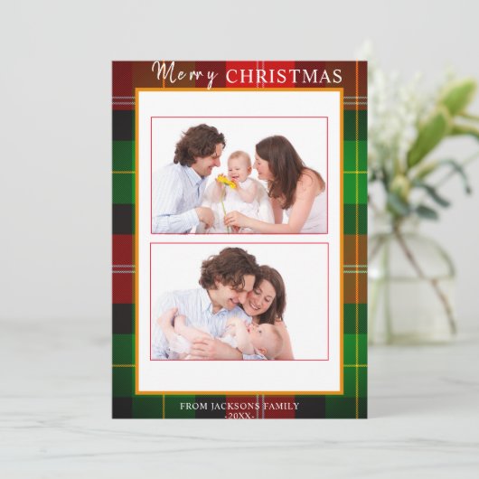 Tartan Gold Lijst Vrolijk Kerstfeest 2 Foto Feestdagenkaart (Staand voorkant)