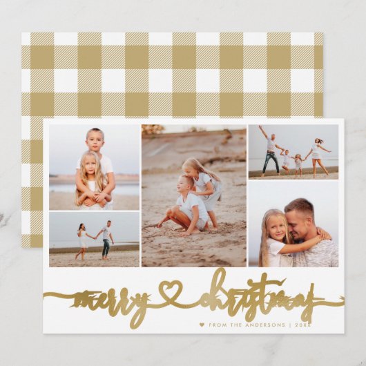 Tartan Gold Merry Christmas Script 5 Fotocollage Feestdagenkaart (Voorkant / Achterkant)