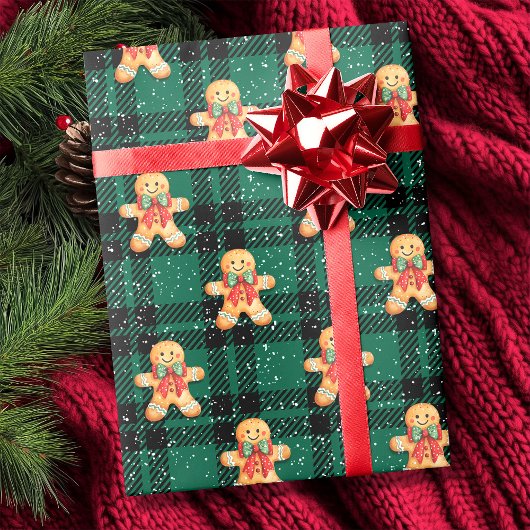 Tartan Green Black Gingerbread Sneeuwval Kerstmis Cadeaupapier