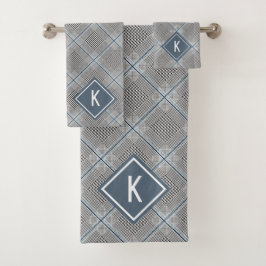 Tartan grijs blauw wit, met monogram bad handdoek
