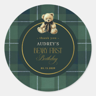 Tartan Groen Polo Plaid Teddy Beary 1e Verjaardag Ronde Sticker