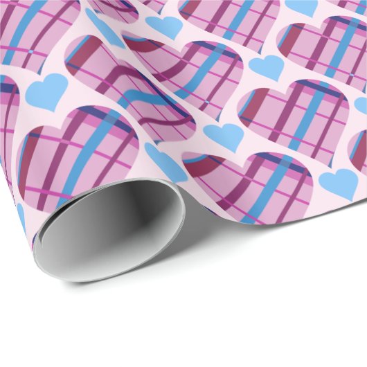 Tartan Harten Patroon Roze en Blauwe Valentijn Cadeaupapier (Rol Hoek)
