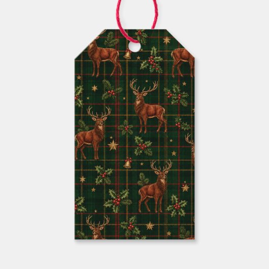 Tartan Herten Kerst Inpakpapier Cadeaulabel (Voorkant)