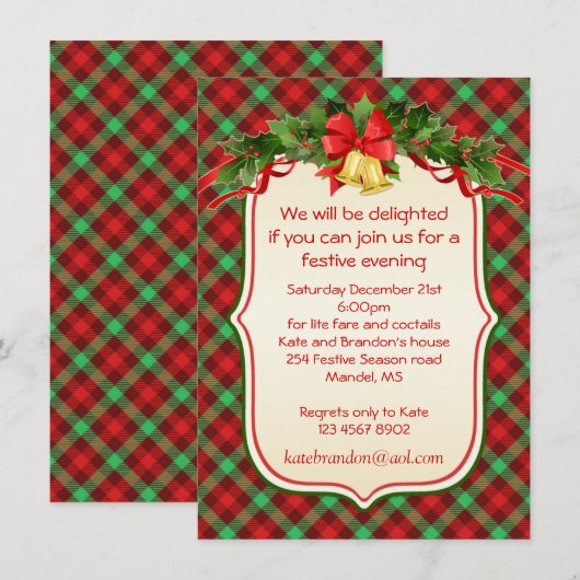 Tartan Holly Bells Kerstfeest Uitnodiging (Voorkant / Achterkant)