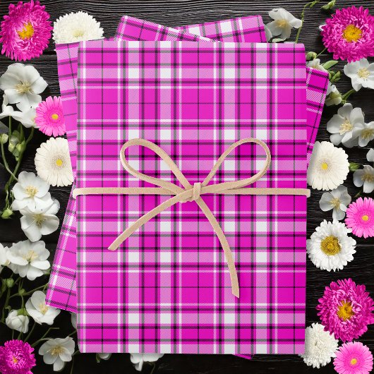 Tartan - Hot Roze-Wit-Zwart Inpakpapier Vel