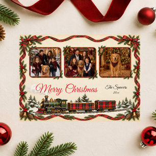 Tartan Kersttrein Familie Fotocollage Feestdagenkaart
