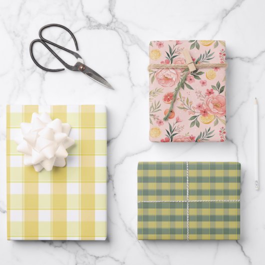 Tartan lemon yellow peach green set wrapping paper (Voorkant)