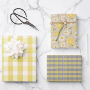 Tartan madeliefje citroengeel grijs set inpakpapie inpakpapier vel