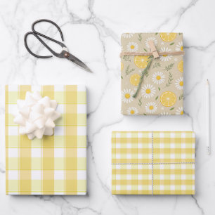 Tartan madeliefje citroengele cadeauverpakkings pa inpakpapier vel
