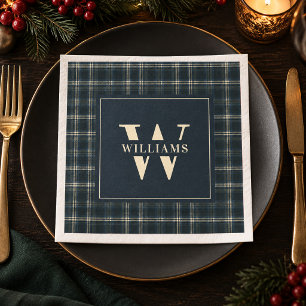 Tartan met monogram van familienaam in marineblauw servet