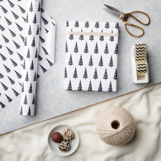 Tartan Mode Kerstboom Patroon Blauw Cadeaupapier (Crafts)