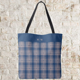Tartan - Navy Blue met Light and Dark Taupe Brown Tote Bag