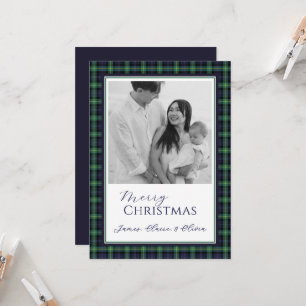 Tartan Navy Groen Geruite Familie Foto Kerstmis Kaart