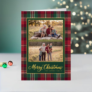 Tartan ontwerp twee foto Prettig kerstfeest Folie Feestdagenkaart