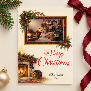 Tartan Open Haard Merry Christmas Koppel Portret Feestdagenkaart