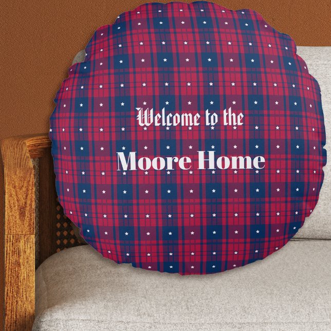 Tartan - Patriottisch - Rode Blauwe Witte Stars Rond Kussen (Tartan Plaid - Patriotic - Red Blue White Stars Round Pillow by Leapfroglisics Shop)