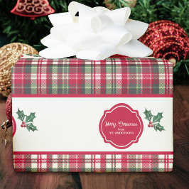 Tartan patroon en hulst gepersonaliseerde kerst cadeaupapier