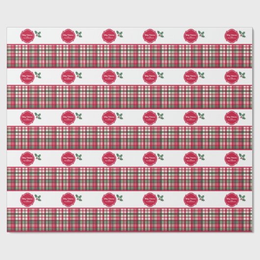 Tartan patroon en hulst gepersonaliseerde kerst cadeaupapier (Vlak)