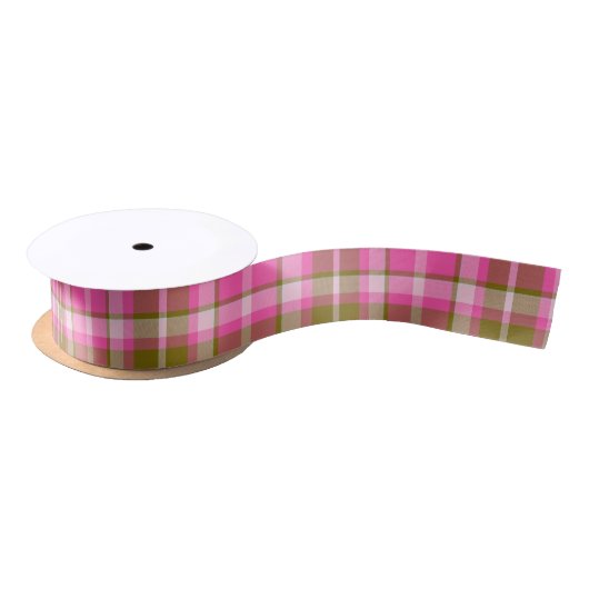 Tartan Patroon Hot Pink en Olijf ID210 Satijnen Lint (Spoel)
