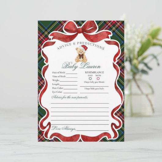 Tartan Plaid Christmas Bear Advice for Baby Card Kaart (Staand voorkant)