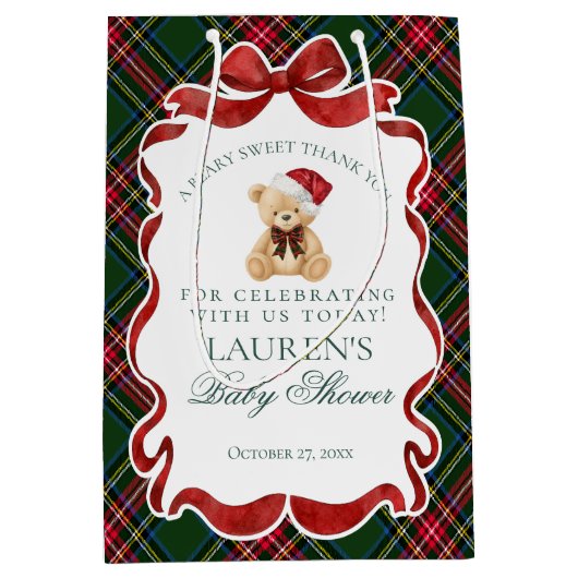 Tartan Plaid Christmas Bear Baby Shower Favors Medium Cadeauzakje (Voorkant)